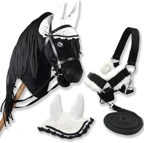 Hobby Horse Friese, Schwarz, für Hobby Horsing für Kinder und Jugendliche von 7 bis 20 Jahren - Stabpferd mit Netz, Zügeln + weißer Mütze, Muschelhalfter und schwarzer Führstrick