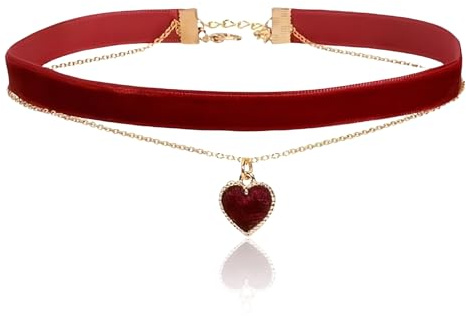 Choker Kette Damen,Halskette Schwarz Gotisch Halsband Damen Schmuck 90er Gothic Necklace Schwarze Herz Collar Modische Samt Herz-Halsband,für Frauen Kinder Halloween Party Outfit Accessoires (Rot)
