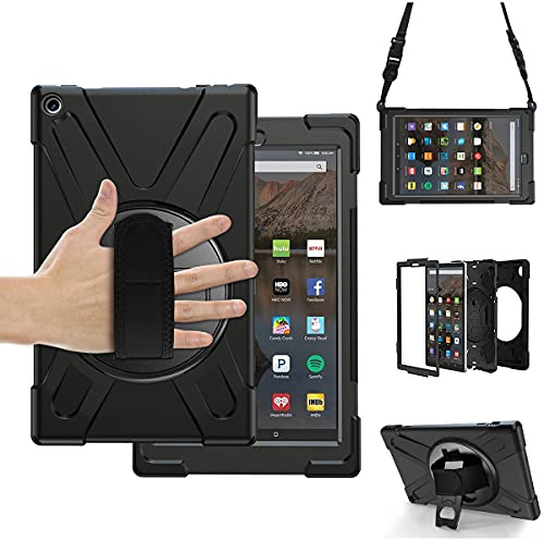AOOCSHEY for Amazon Kindle Fire HD 10 Case 9th 8th 7th Generation 2019/2018/2017, Heavy Duty Shockproof Rugged Multi-Angle Kids Protective Cover with Rotating Stand Hand Strap Shoulder Strap, Black