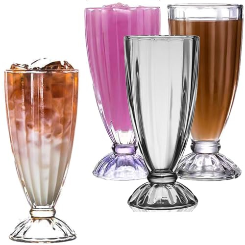 Milkshake Glasses, 350ml Glass Ice Cream Cups, Set of 4 Lead Free Footed Glass Dessert Glasses, Ice Cream Sundae Glasses, Dessert Milk Shake Cups, Soda Fountain Glasses
