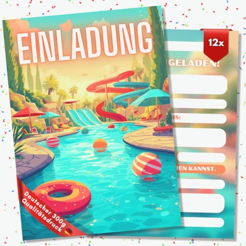 HIDEBLOOM Poolparty Einladungskarten Kindergeburtstag Mädchen und Junge - 12 Stück - DIN A6 (10,5 cm x 14,8 cm) - Einladung Schwimmbad Geburtstag - Geburtstagseinladungen Poolparty Kindergeburtstag