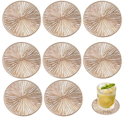 ZWWOGE 8 Pièces Dessous de Verre, Sous-Verres à Motifs Géométriques, Réutilisables et Résistants à Chaleur, pour Cuisine, Salon, Chambre, Bureau, Café ou Bar (10 cm de Diamètre, Dorés)