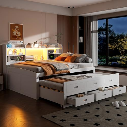 Kebnor Schlafsofa, Daybett, Tagesbett, Led-Fernbedienung, 3 schubladen, Nachttischablage, Multifunktionales ausziehbares Bett mit USB+Type-c, Ohne matratze, Weiß (140 x 200cm)