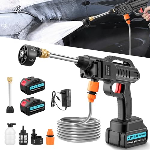 Hidrolimpiadora de Alta Presion 62 Bar,Pistola de Agua a Presión con Boquilla 6 en 1,Manguera 5M,Hidrolimpiadora Bateria con 2 x 3.0Ah Baterías,Hidrolimpiadoras Portátil para Coche y Jardín