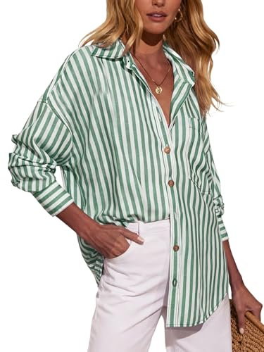 Dressmine Chemisier rayé en coton pour femme - Manches longues - Col boutonné - Chemise décontractée avec poche, Vert, M