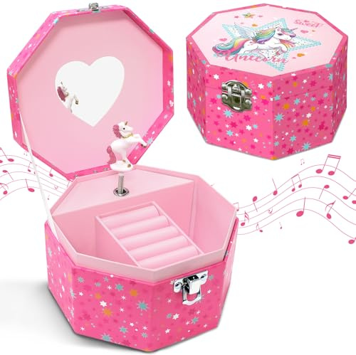 GINMLYDA Portagioie Musicale Unicorno per Bambina, Carillon per Bambini con Unicorno Girevole Scatola di Gioielli per Ragazze 14.5 x 14.5 x 8.5 cm Regali di Compleanno per Le Bambine