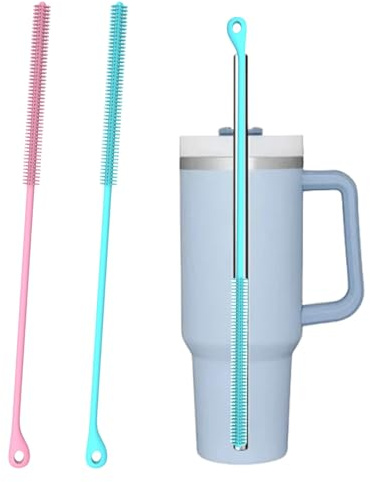 PLUSHCEWT 2 Pcs Silicone Straw Cleaner Brush-Extra Long 9.5in Reusable Straw Brush for Cilicone,Plastic,Metal & Glass Straws,Bendable Bottle Lid Cleaning Tool with Non-Slip Handle(Pink+Blue)
