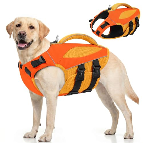 AOFITEE Hundeschwimmweste Große Hunde, Hoher Auftrieb Schwimmweste Hund L mit Rettungsgrif, Leicht Sicher Dog Life Jacket Hund Rettungsweste Reflektierend Hundeweste Schwimmen für Wassersport, L
