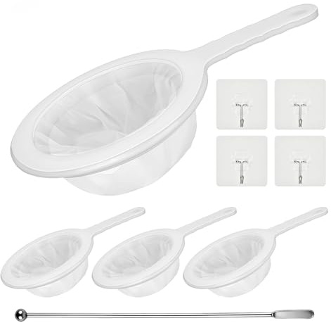 4 Stück Ultrafeines Nylonsieb 80/120/200/400 Mesh, Küchensieb Mit Griff & 4 Haken, Feinsieb Rutschfest Für Saft, Milch, Sojamilch, Kaffee, Kefir, Joghurt, Honig Und Wein