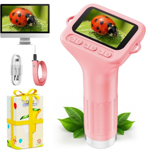 ASPOVEN Digital Microscope for Kids, 1000X Handheld Microscope with 2 IPS Screen, Photo & Video, Portable Microscope Camera for Kids, Educational Science Toy Gift for Boys & Girls (Pink)