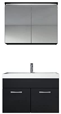 Badplaats Badmöbel Komplettset Paso 02 80 x 40 cm Schwarz Hochglanz - Badezimmermöbel mit Waschbecken und Spiegelschrank