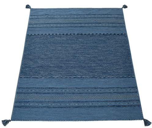 Paco Home Tappeto Design Tessuto Kelim Lavorato A Mano 100% Cotone Moderno Fantasia Blu, Dimensione:120x170 cm