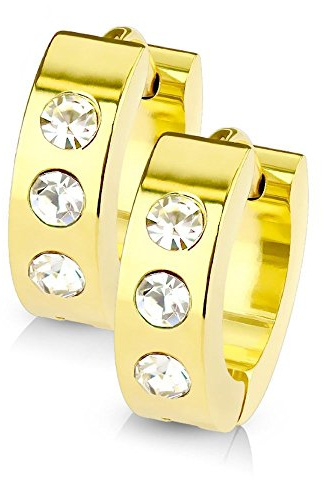Bungsa CREOLEN mit KRISTALL-STEIN SET - Silber, Schwarz, Gold, Rosegold, Blau - EDELSTAHL Klappcreolen - Klapp-Ohrringe mit 3 gefassten klaren Steinen - für Damen & Herren - 1 Paar Kreolen Kristall