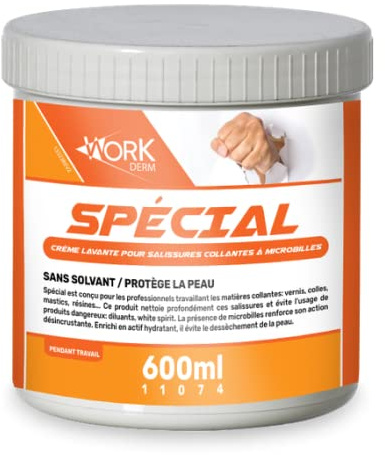Workderm - Savon Crème Lavante à Microbilles pour Mains Salissures Collantes Vernis Colles Mastics Résines sans Solvant Hydratant 600 mL