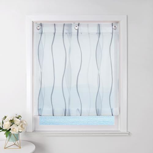 ESLIR Raffrollo mit Ösen Gardinen Küche Raffgardinen Transparent Ösenrollo Vorhänge Mit Wellen-Druck Modern Voile Grau BxH 60x140cm 1 Stück