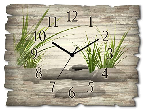 ARTLAND Wanddeko Wanduhr ohne Tickgeräusche aus Holz Quarzuhr 40x30 cm Rechteckig Lautlos Zen Steine Asia Asiatisch Japanisch Originell T6CD