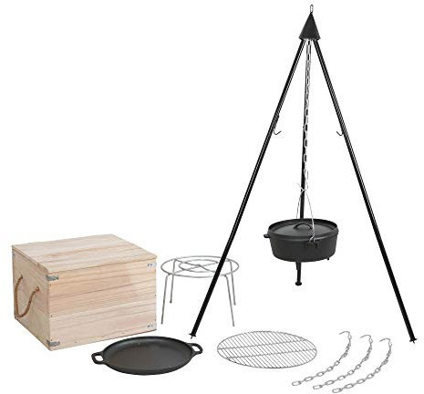 Mayer Barbecue BRENNA Schwenkgrill Set, Dutch Oven Set mit Dreibeinständer, Dutch Oven 5,5 l, Gusseisenpfanne, Edelstahl-Grillrost & Untersetzer