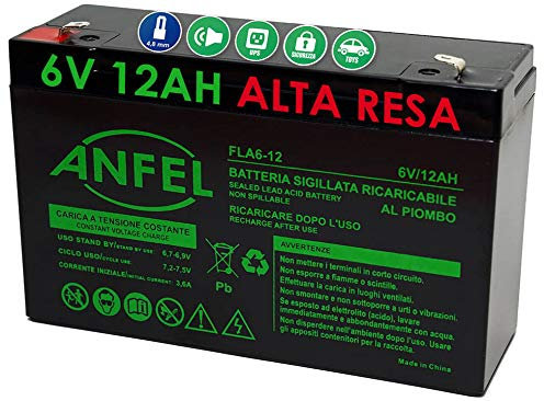 Batteria al Piombo Ricaricabile 6V 12AH 12000mAh 151 mm x 50 mm x 95 mm per allarmi antifurti, sistemi di Sicurezza, Batterie di Ricambio per ups USV, Solar, Solarpanel