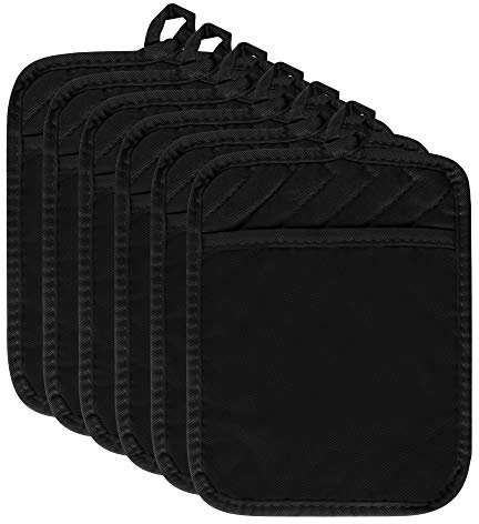 R HORSE 6Pcs Pot Holder with Pocket for Kitchen Black Pot Holders Set Cotton Heat Resistant Potholder Terry Cloth Coaster Hot Pad Oven Mitts Trivet for Baking Cooking 7''x9''