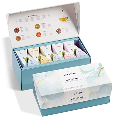 Tea Forte Wellbeing Organic Wellness Te Presentation Box Teprovtagare presentset, 20 olika sorters handgjorda Pyramid Te Infuser-påsar - Örtte, grönt te