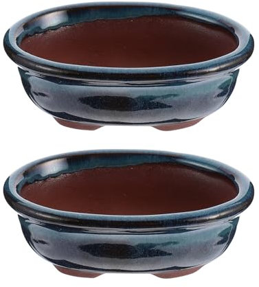 Happyyami 2Pcs Blue Ceramic Glazed Planter Flower Pot for Succulent Plants - Chinese Style Decorative Miniature Pot 10X6 5Cm