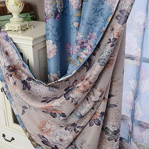 SUOUO Dubbelsidiga blommiga mörkläggningsgardiner för sovrum värmeisolerade mörkläggningsgardiner för rum för vardagsrum 132 x 213 cm lång 2 paneler pion blomma blå | Dammig-blå och beige-brun pion, fransk lantlig bondgård, värmeisolerad, 2 paneler öljettgardiner för sovrum vardagsrum
