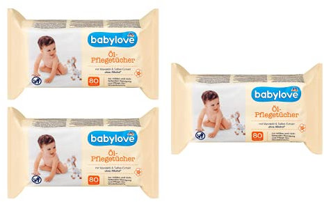 Babylove Pflegetücher - Öl-Lotionstücher mit Mandelöl, Salbei-Extrakt, ohne Alkohol - 3er Pack (240 Tücher)