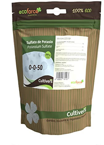 CULTIVERS Sulfato de Potasio Fertilizante para Plantas Jardín y Acuario de 250 g. Abono hidrosoluble aporte de de Potasio y Azufre a los cultivos. Reductor PH en suelos alcalinos, Marrón