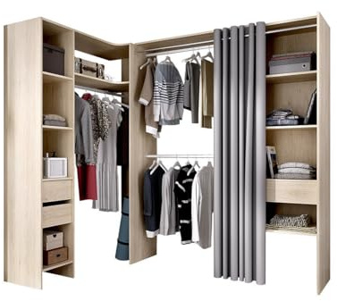 Vente-unique Eckkleiderschrank Kleiderschranksystem - B. 164/214 cm - Eichefarben & Grau - GONTRAN