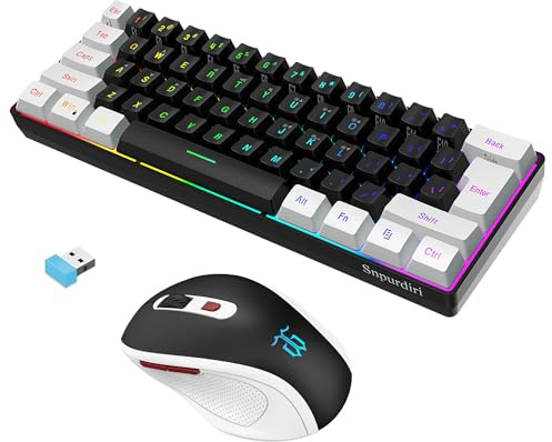 Snpurdiri Combo de teclado y mouse inalámbricos para juegos de 2.4 G, incluye un pequeño teclado 60% de tacto comercial, diseño ergonómico mini mouse (blanco y negro)