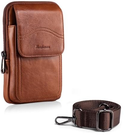 HUAZHIMAO Handytasche Zum Umhängen Herren Leder Gürteltasche Doppeltaschen Hüfttasche Handy Halter Holster für iPhone 16 15 14 13 Pro Max 16 15 14 Plus, Samsung Galaxy S23+,S24 S23 Ultra (Braun)