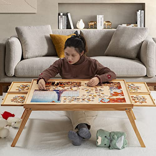 TEAKMAMA 1 500 bitars pusselbräda i trä med 4 lådor, vikbart pusselbord med skyddande fodral, pusselbräda med ben, multifunktionellt spelbord för vuxna, 34 B x 26,3D, naturlig
