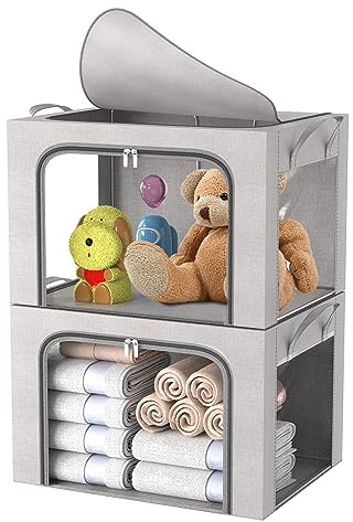 FUSACONY Clothes Storage Boxes 2 Pack Closet Organizers and Storage, Foldable Oxford Cloth Steel Frame Box with Double Opening Zips and Three Clear Windows for Storing Bedding,Blankets,Grey (24L)