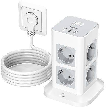TESSAN 8 Fach Flachstecker Mehrfachsteckdose, Verlängerungskabel Flachstecker 2M, Steckdosenleiste Überspannungsschutz mit 3 USB, Mehrfachstecker Steckdosenturm mit Schalter für Zuhause, 3600W
