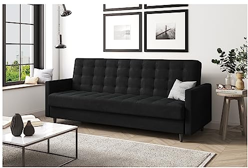 MEBLINI Sofa mit Schlaffunktion - Schlafcouch Ausziehbar - Schlafsofa mit Bettkasten - Sofabett - Couch mit Schlaffunktion - Klappsofa - Andres 1-218x87x93cm - Schwarz Samt