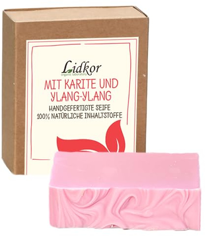 LIDKOR Feuchtigkeitsspendende Seife mit Karité & Ylang-Ylang 100g | Hydratisiert Hautpflege mit Olivenöl - Handgemachte Naturseife - Vegan Körperseife und Handseife