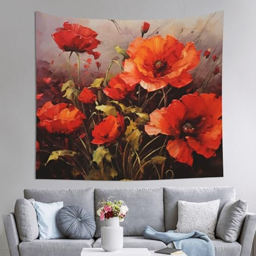 DEHIWI Ölgemälde Rote Blume Wandteppich Leichte Weiche Kunst Wandbehang Für Schlafzimmer, Wohnzimmer, Schlafsaal, 150 x 130 cm