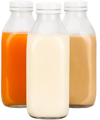 BELLE VOUS 3x wiederverwendbare Glasflaschen mit Deckel - Saftflaschen - 3x Glasflasche 1 Liter - Luftdichte Deckel - Auslaufsichere Flaschen - Milchflaschen 1 Liter