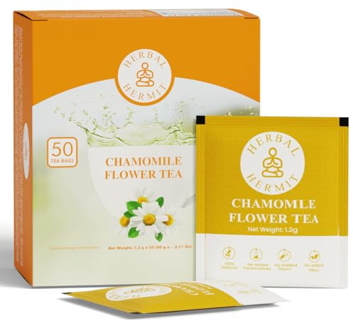 Herbal Hermit Camomile Tea Bags (50 Tea Bags) Individually Wrapped, Caffeine-Free Organic Chamomile Flowers, Soothing for Digestion, Sleep, Relaxation| Natural Herbal Tea