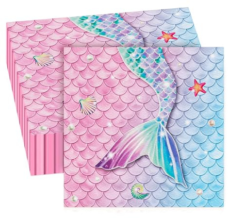 GROVBLE 40 Stück Meerjungfrau Servietten 33x33 cm Mädchen Geburtstag | Süße Meerjungfrau Servietten für Mädchen Geburtstag, perfekt als Tischdeko für Kinderparty und Mottofeier.