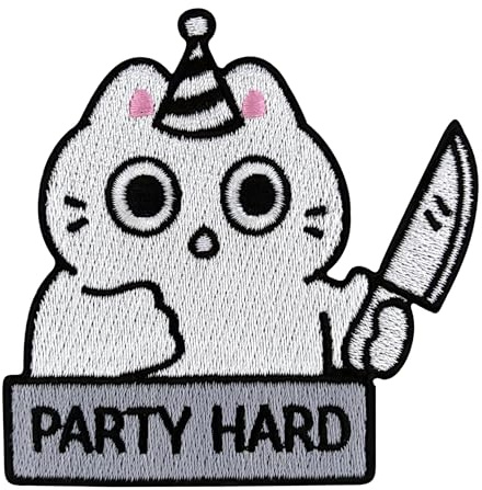Urbanski Patch Verrückte Katze mit Messer und Hut Party Hard zum Aufbügeln 7,9 x 8 cm | Aufnäher Applikation Bügelbild