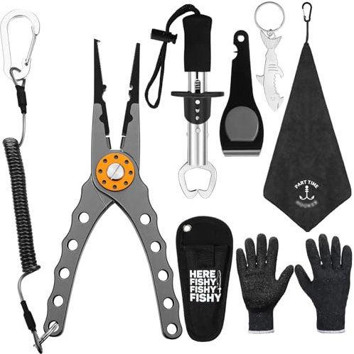 VioraWhite 8 delar fiskeverktyg kit fiskkrok borttagare set inkluderar fiske tång fisk läppgrepp multifunktion sax fiskhandskar handduk nyckelring krok för män kvinnor fiske presenter (svart)