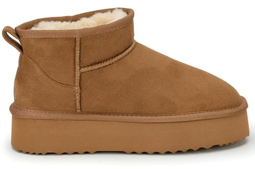 Polar Women s Platform Boots Slippers Faux Suede, Flexible Waterproof Anti Slip Rubber Soles, Fluffy Faux Fur Lined Slip On Slippers, Winter Ladies Walking Shoes for Indoor & Outdoor - Chestnut UK 6