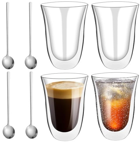 GOEDCH Juego de vasos de doble pared para latte macchiato, 4 x 300 ml: vasos térmicos de doble pared con cuchara de café de acero inoxidable, vasos de vidrio de borosilicato resistentes al calor para