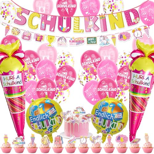 Deko Einschulung Mädchen 2026-Rosa Luftballons Einschulung Deko mit Ballon Schulkind Zuckertüte Folienballon Schulanfang Banner Schuleinführung Girlande Tortendeko für Einschulungs Geschenk Party Deko