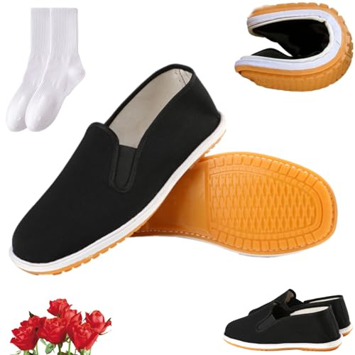 Chaussures de Kung Fu pour homme et femme, chaussures traditionnelles chinoises de Tai Chi en toile, unisexes, légères et respirantes avec fond en caoutchouc noir à enfiler