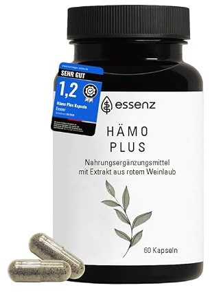 ESSENZ Hämo Plus Kapseln – Nahrungsergänzungsmittel mit rotem Weinlaub-, Hamamelis- und Traubenkern-Extrakt – vegan, 60 Kapseln