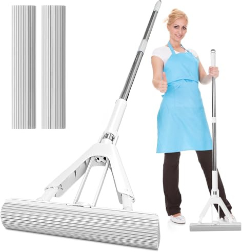 GTGIQXG Balai éponge Absorbant en Mousse avec Manche Extensible de 128 cm et 2 têtes éponge, serpillère Auto-essorante, réglable, for carrelage, Cuisine, Salle de Bain