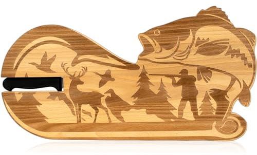 ERNESTINE - Planche à découper Chasse et pêche en bois de hêtre - Planche apéro chasseur et pêche - Idée cadeau chasse Homme - cadeau Noël homme - Planches apéro charcuterie - Planches à saucisson