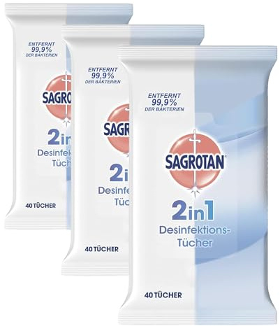 Sagrotan 2in1-Desinfektionstücher – Zum Desinfizieren von Händen und Oberflächen – 1 x 40 Feuchttücher in wiederverschließbarer Verpackung (Packung mit 3)